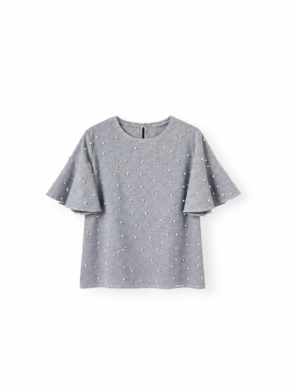 Pearl-Trim Gray Flutter Sleeve Top